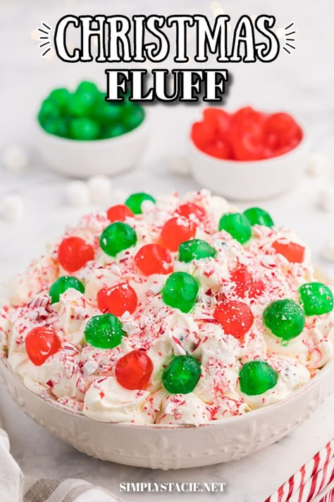 A bowl of christmas fluff. White Chocolate Almond Bark, Christmas Fluff, Easy Holiday Dessert, Candied Cherries, Fluff Salad Recipes, Simply Stacie, Christmas Salads, Easy Holiday Desserts, Fluff Recipe