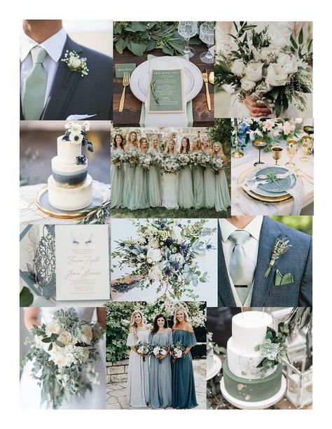 Eucalyptus And White Wedding Color Scheme, Sage Green And Navy Blue Wedding Arch, Dusty Blue Green And White Wedding, Green Tone Wedding Theme, Save Green And Dusty Blue Wedding, Blue Green Cream Wedding, Navy And Seafoam Wedding, Eucalyptus Navy Wedding, Light Blue And Sage Green Wedding Theme