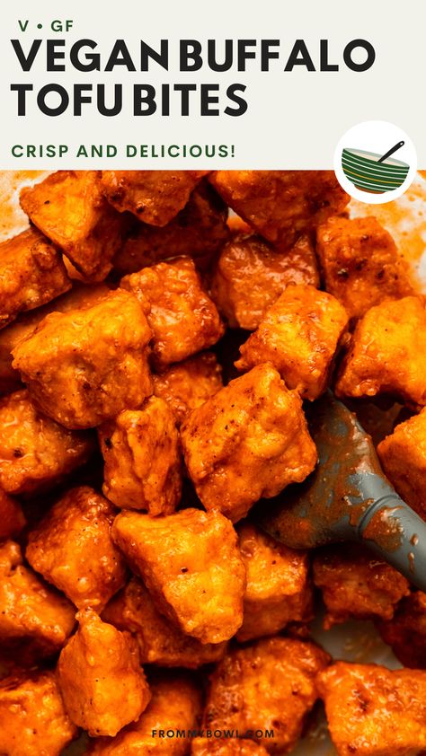 These crispy oven-baked Vegan Buffalo Tofu Bites are drenched in a spicy buffalo wing sauce and perfect as an appetizer or dinner protein! Tofu Buffalo Bites, Buffalo Tofu Air Fryer, Buffalo Tofu Recipes, Tofu Appetizers, Crispy Buffalo Tofu, Tofu Meals, Tofu Snacks, Bday Food, Dinner Protein