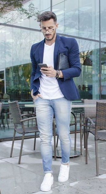 Blue Blazer Outfit Men, Business Casual Outfits For Men, Blue Blazer Outfit, Best Business Casual Outfits, Blazer Outfits Men, Outfit Hombre, White Jeans Men, Mens Fashion Blazer, Engagement Dress