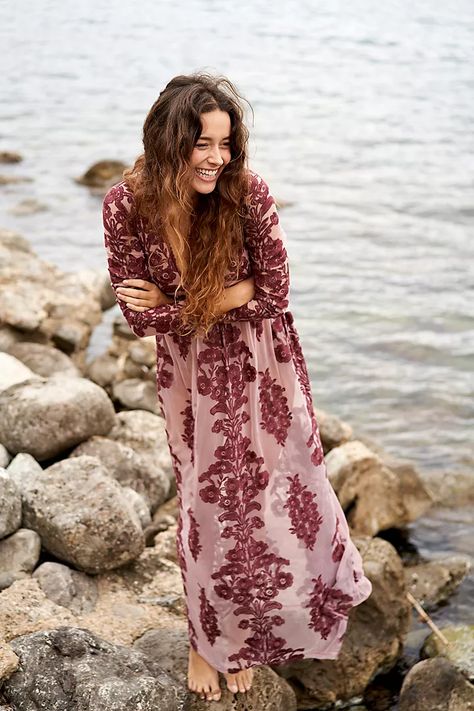 Temecula Maxi Dress | Free People Bohemian Formal Outfit, The Elegant Bohemian Zyla, Fall Family Picture Dress, Boho Florals For Wedding, Modern Bohemian Style Clothing, Bohemian Wedding Guest Dress, Boho Long Sleeve Dress, Formal Dress Wedding Guest, Net Maxi