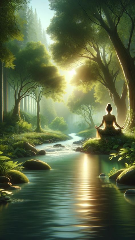 Experience tranquility with this image of a woman meditating by a stream in a lush forest. Surrounded by the serene beauty of nature, she finds peace and rejuvenation in the soothing sounds of flowing water and the gentle rustle of leaves. Ideal for those seeking inspiration for mindfulness and nature-based relaxation. Outdoor Meditation, Photo Yoga, Meditation Apps, Spiritual Wellness, Spiritual Awareness, Physical Wellness, Spiritual Healing, Guided Meditation, Transform Your Life