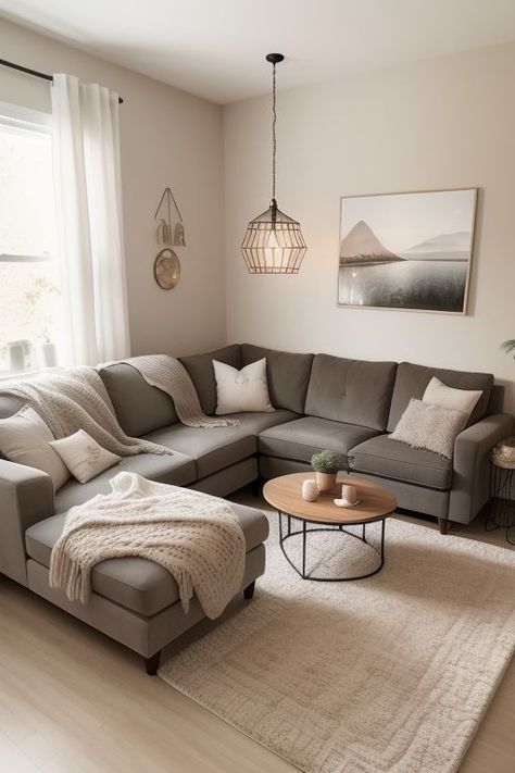 Rugs With Grey Sofa, Grey And Beige Interior, Cozy Living Room With Grey Couch, Grey Couch With Chaise, Cozy Living Room Grey Couch, Living Room Inspiration Grey, Practical Home Decor, Minimalist Living Room Ideas, Gray Couch