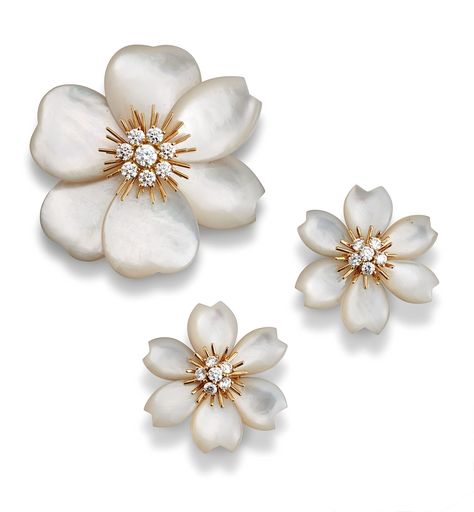 MOTHER-OF-PEARL AND DIAMOND 'ROSE DE NOËL' EARRINGS AND BROOCH SET, VAN CLEEF & ARPELS | Jewelry, brooch | Christie's Cleef And Arpels Jewelry, Van Cleef And Arpels Jewelry, Van Cleef & Arpels, Van Cleef And Arpels, Art Ancien, International Jewelry, Jewelry Brooch, Coral Jewelry, Pearl Flower