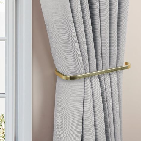 Gold Curtain Rods Living Room, Curtain Holdbacks Placement, Curtain Holders Ideas Hooks, Tiebacks For Curtains Ideas, Black Curtain Holdbacks, Curtain Pull Backs, Magnetic Curtain Tie Backs, Drapery Tie Backs, Drapery Holdbacks