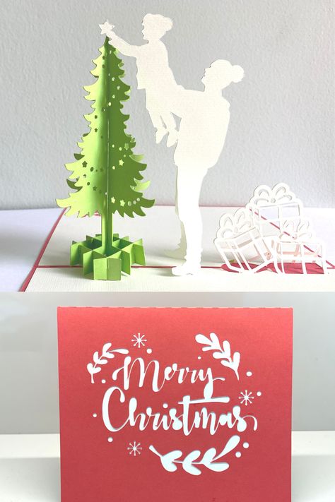 This Christmas Card SVG file helps you create an impressive pop-up card. All you need to make the card are Cricut machine, paper, double-sided tape, and glue. We also have a tutorial video to help you create the card easier. Click download to make a unique Christmas card your own. | Paper Soul Crafts | #papersoulcrafts, #papercraft, #papercardtutorial, #popupcardtemplates, #papercraftdiy 3d Card Templates Free Printable, Pop Up Christmas Cards Diy Templates, Free 3d Christmas Svg Files For Cricut, 3d Christmas Tree Printable, Cricut Pop Up Christmas Cards Free Svg, Svg Christmas Tree 3d, 3d Christmas Cards, Halloween Shadow Box, Pop Up Card Templates