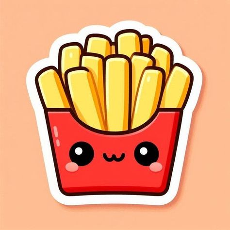 French Fries Cute Drawing, Cut Stickers Printable, Stickers Drawing Easy, Easy Stickers To Draw, Cute Food Drawings Easy, French Fries Sticker, Food Drawing Easy, Fries Sticker, Donut Drawing