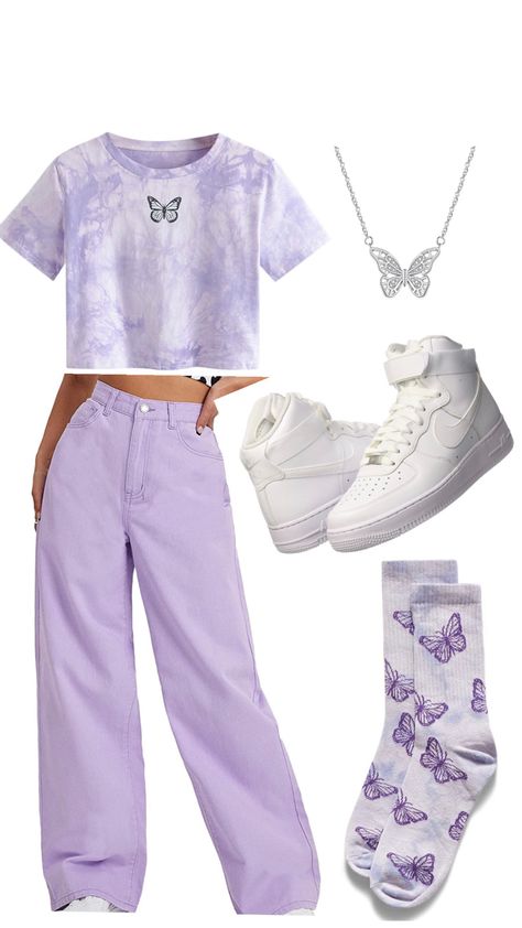 Purple colored jeans, purple butterfly graphic tshirt, purple butterfly socks, nike high tops, silvrer butterfly necklace Cute Butterfly Outfits, Purple Butterfly Outfit, Atheistic Outfits, Purple Tshirt Outfits, Purple Birthday Outfit, Purple Top Outfit, Comfy Outfit For School, Olivia Concert, Nyc Summer Outfits