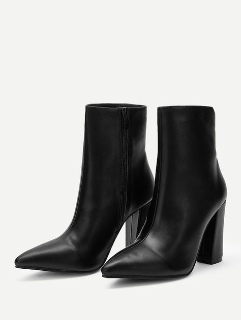 Point Toe Side Zipper Boots | SHEIN Elegant Shoes Boots, Black Point Boots, Pointed Black Boots, Formal Boots Women, Pointed Toe Boots Outfit, Half Boots Women, Black Pointy Boots, Pointed Boots Outfit, Heeled Boots Outfit