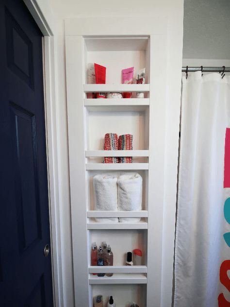 Finding storage solutions for small spaces can be challenging. These clever DIY storage ideas will help you organize the smallest spaces! Open Cabinets In Bathroom, Storage In Between Studs, Shelves In Between Studs, Built In Shelves Between Studs, Recessed Bathroom Storage, Inside Wall Shelves, Between The Studs Storage Bathroom, Between Studs Shelves, In Wall Storage Between Studs