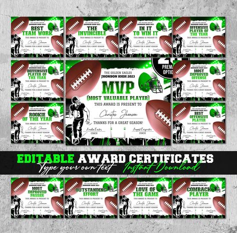 Editable Football Award Certificate Award Ceremony Certificate End of Season Football Awards Team Party Printables Ceremony gift DIY Diploma Football Awards Banquet Ideas, American Football Party, Certificate Award, Football Awards, Team Party, Award Ceremony, Cadeau Diy, Gift Diy, Football Party