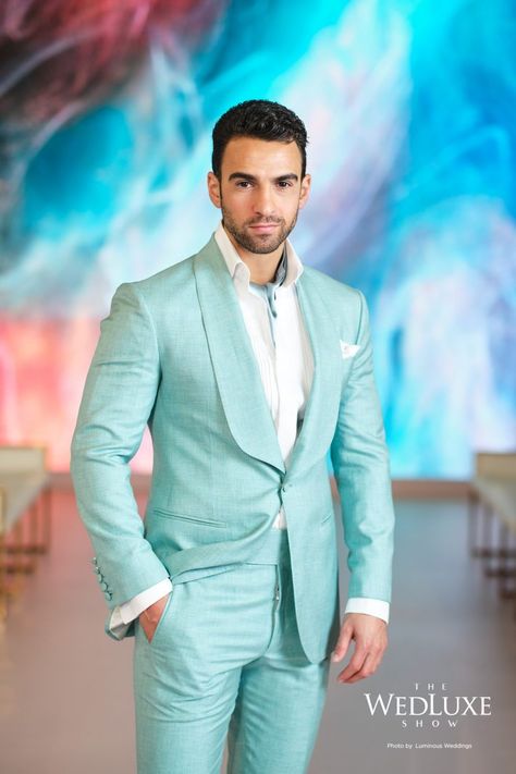 #wedluxe #wedluxemagazine #kingandbay #formalwear #menswear #turquoise #runway Aqua Dress Outfit, Beach Wedding Groom Attire, Turquoise Suit, Aqua Blue Wedding, Turquoise Clothes, Aqua Blue Dress, Blue Dress Outfits, Gala Themes, Mens Wedding Attire