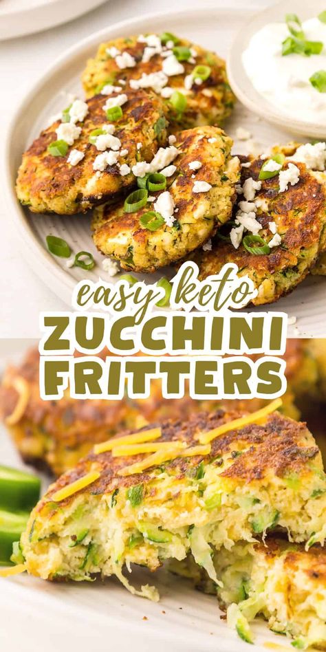 Keto Zucchini Fritters are an easy and delicious low carb side dish. They are crispy on the outside and tender on the inside. And I provide two two mouthwatering flavor variations! #zucchini Keto Zucchini Fritters, Abundant Garden, Baked Zucchini Fritters, Fresh Vegetable Recipes, Low Carb Side Dish, Keto Veggies, Keto Vegetables, Low Carb Side, Zucchini Patties