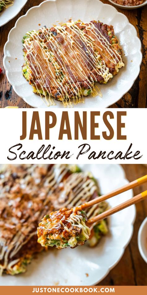 The Japanese Scallion Pancake, also known as Negiyaki, is a popular savory pancake in Japan. It packs a punch of fresh green onion flavor and the texture is crisp, light, and fluffy. By following this recipe, you can easily make these scallion pancakes at home in just 20 minutes, so try them out! Japanese Scallion Pancake, Yakimeshi Recipe, Pork Bowl Recipe, Scallion Pancake Recipe, Korean Food Side Dishes, Okonomiyaki Recipe, Grilled Vegetable Skewers, Japanese Meals, Green Onion Pancake