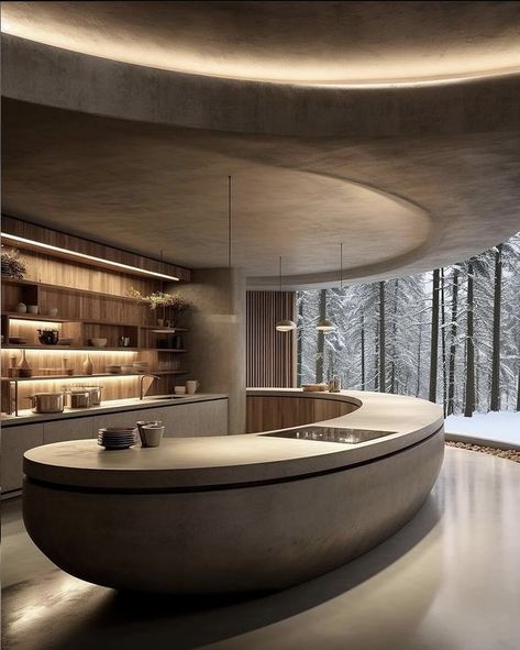 Modern Lobby, Curved Kitchen Island, Luxury Kitchen Island, Sandringham House, Organic Interior, Curved Kitchen, Home Bar Cabinet, Elegant Kitchen Design, Industrial Kitchen Design