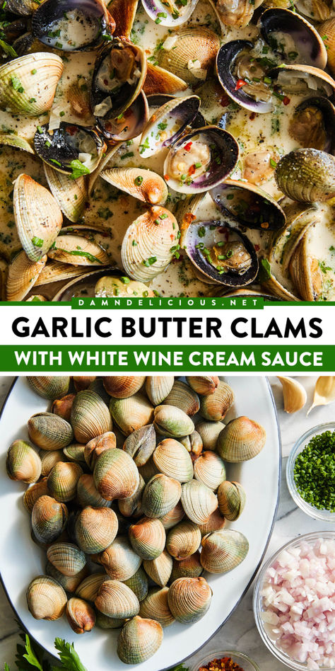 Want more easy homemade meals? This steamed clam recipe is a quick weeknight dinner with just 30 minutes of prep! Served with a white wine cream sauce, these garlic butter clams are of restaurant quality! Garlic Butter Clams, Little Neck Clams In White Wine Sauce, Muscles And Clams Recipe, White Wine Clam Sauce Recipe, Butter Clams Recipes, Mussels In Creamy White Wine Sauce, White Wine Mussels Recipes, Clam Linguini White Sauce, Clams And Pasta