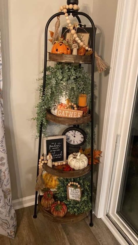 Autumn Tiered Tray Decor Ideas, 4 Tier Shelf Fall Decor, Thanksgiving Rustic Decor, Hobby Lobby 3 Tier Stand Decor, Modern Farmhouse Fall Decor Living Room, Hobby Lobby Autumn Decor, Fall Decor For 2023, Tall Tiered Tray Decor, 3 Tier Shelf Decor