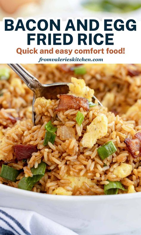 The classic flavors of bacon and eggs quickly stir-fried with rice, onions and soy sauce. This quick and easy Bacon and Egg Fried Rice recipe is delicious any time of day or night! Bacon Fried Rice Recipe, Egg Fried Rice Recipe, Rice Dishes Recipes, Egg Rice, Fried Rice With Egg, Fried Rice Recipe Easy, Rice Side Dish Recipes, Fakeaway Recipes, Fried Breakfast