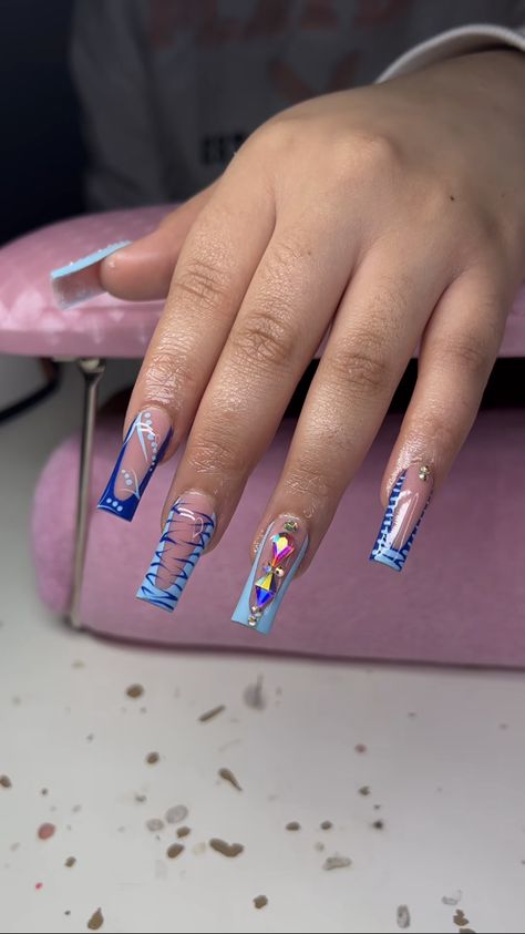 Cute Birthday Nails Acrylic, Nail Freestyle Designs, Blue Freestyle Nails, Acrylic Nail Designs Classy, Orange Acrylic Nails, Acrylic Toe Nails, Blue Acrylic Nails, Drip Nails, Colored Acrylic Nails