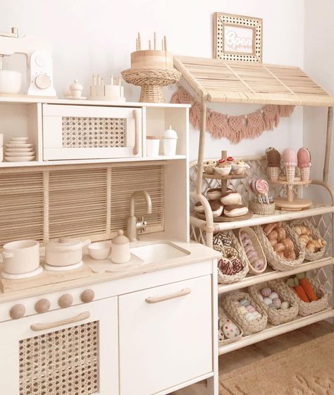 Stephanie Anderson on Instagram: “Mary & Mabel’s Market Café is open for business…who’s going to be their first customer?!🥰 🥨🥐🍭🍦🍩🍰🍪 I made the little market stall from a…” Small Playroom, Ikea Kids Room, Ikea Play Kitchen, Pink Macrame, Macrame Garland, Minecraft Basement, Kids Rooms Inspo, Toddler Kitchen, Baby Playroom