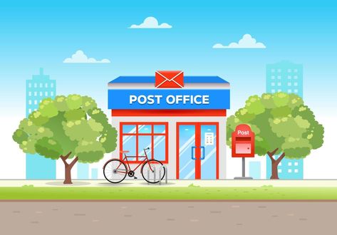 Post office building in flat style in the city on a summer day with a bike at the entrance. Vector illustration Post Office Clipart, Post Office Drawing, Post Office Illustration, Cool Wallpapers Music, Office Clipart, Degrees Of Comparison, Wallpapers Music, Office Cartoon, Kids Word Search