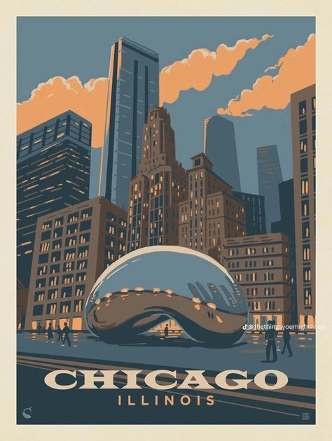 Vintage Chicago Poster, Chicago Aesthetic Wallpaper, 70s Nature, Chicago Illustration, Travel Posters Vintage, Usa Illustration, City Posters, Magic Bean, Chicago Poster