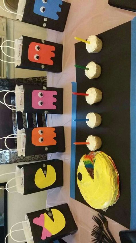 Pacman Theme Birthday party ...hand made...Kaydin's 5th birthday party 80s Arcade Birthday Party, Pacman Theme Party, Pacman Party Ideas, Arcade Birthday Cake, Arcade Party Ideas, Arcade Birthday Party Ideas, Birthday Cake 30th Men, Pac Man Birthday Party, Pacman Birthday Party