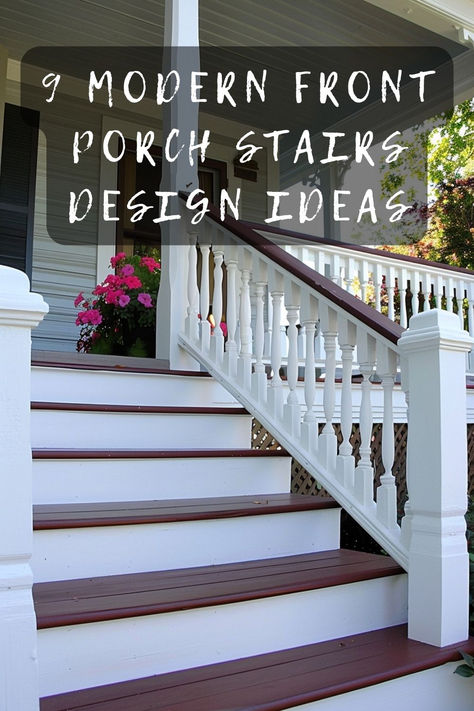 Looking for modern front porch stairs design ideas? Discover sleek and contemporary options to enhance your home's entrance. Click to explore the latest trends and tips! 🏡✨ #FrontPorch #HomeDesign #CurbAppeal #OutdoorLiving #PorchDecor Historic Front Porch, Wide Front Porch Steps Farmhouse, Porch Stairs Ideas Entrance, Front Porch Styles Design, Front Entrance Stairs Outside, Front Stairs Entrance, Trex Front Porch Ideas, Wide Front Porch Steps, Entrance Stairs Entryway