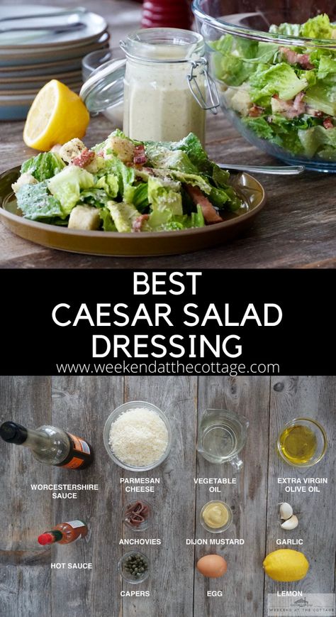 Plate of Caesar Salad with jar of homemade caesar salad dressing. Picture of all the ingredients needed Homemade Ceasar Salad, Best Caesar Salad Dressing, Best Caesar Dressing, Best Caesar Salad, Homemade Caesar Salad, Caesar Salad Dressing Recipe, Caesar Dressing Recipe, Homemade Caesar Salad Dressing, Homemade Caesar