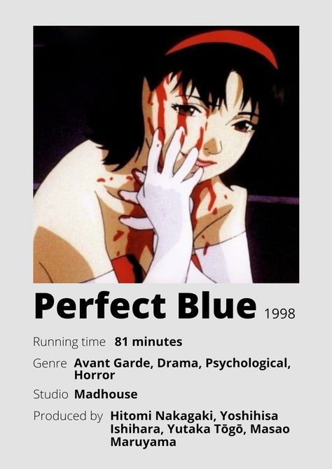 Perfect Blue Movie Poster, Perfect Blue Red Dress Anime, Perfect Blue Poster, Anime Postcard, Perfect Blue Anime, Trixie Tang, Shin Nana, Anime Minimalist Poster, Poster Information