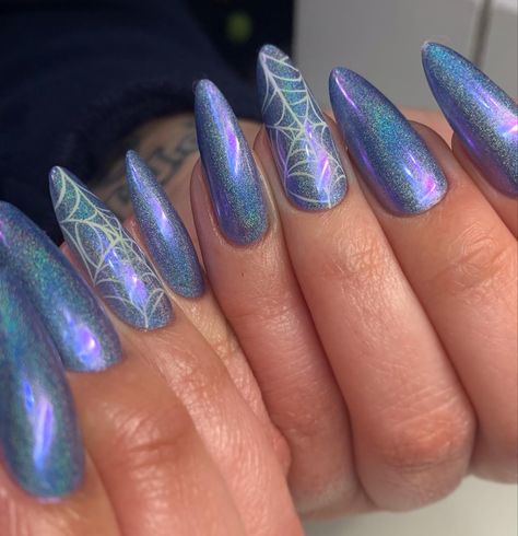 Holographic blue glitter chrome apiderweb spooky long halloween sparkly nail art Crome Nails Halloween, Spooky Blue Nails, Holographic Halloween Nails, Glitter Nail Inspiration, Purple Spiderweb Nails, Light Blue Halloween Nails, Blue Spooky Nails, Chrome Spider Web Nails, Glitter Spider Web Nails