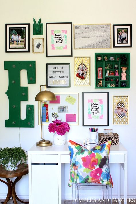 Teen Girl's Bedroom Gallery Wall || marquee letter, gallery wall, p kaufmann tutti frutti fabric, floral pillow, letterboard, ikea desk Teen Gallery Wall, Gallery Wall Kids Room, Kids Room Gallery Wall, Teen Girl Bedroom Wall Decor, Girls Room Gallery Wall, Art Gallery Bedroom, Teen Room Wall Decor, Teen Bedroom Wall Decor, Teen Girl Wall Decor