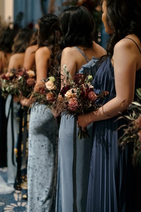 Bold Meets Moody: A Modern Multicultural Wedding with their own City! · Rock n Roll Bride Dark Blue Color Palette Wedding, Dark Blue Wedding Color Schemes, Moody Blue Bridesmaid Dresses, Dark Blue Wedding Aesthetic, Blue Moody Wedding, Moody Blue Wedding, Dusty Blue Fall Wedding, Dark Blue Wedding Theme, Whimsigoth Wedding