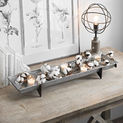 Rock a rustic look. Long Tray Decor, Galvanized Tray Decor, Decor Above Fireplace, Vanity Tray Decor, Diy Contemporary Home Decor, Above Fireplace, Galvanized Tray, Classy Living Room, Farmhouse Tray