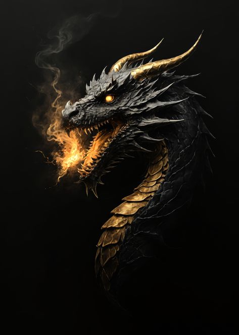 dragon, fantasy creature, kintsugi, golden, epic, wildlife, artwork, animals, painting, wall art, phone wallpaper, home decor paintings, man cave gift, Black And Gold Dragon Art, Goddess Reference, Black And Gold Dragon, Artwork Animals, Art Phone Wallpaper, Lightning Dragon, Animals Painting, Decor Paintings, Dragon Face