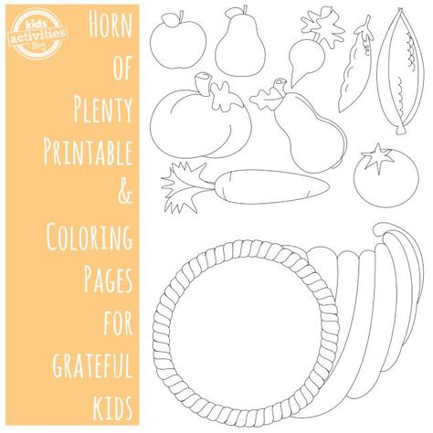 Horn of Plenty Printable and Coloring Pages for Kids Cornacopia Craft, Cornicopia Crafts, Cornucopia Craft, Free Thanksgiving Coloring Pages, Preschool Thanksgiving, Preschool Boards, Preschool Fall, November Crafts, Thanksgiving Coloring