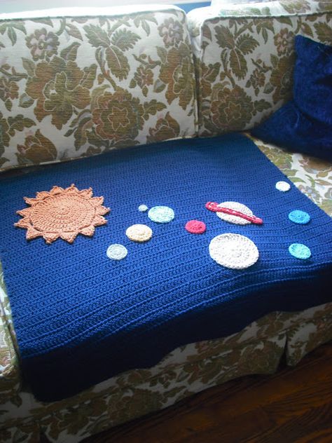 Purple Chair Crochet: Solar System Baby Blanket (finished!) Chair Crochet, Space Crochet, Gender Neutral Blanket, Purple Chair, Space Blanket, Fabric Yarn, Afghan Blanket, Diy Crochet Projects, Crochet Blankets