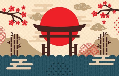 Japanese Art Landscape, Japan Background, Japan Icon, Japanese Background, Japanese Theme, Vector Art Design, Background Drawing, Japon Illustration, Nature Posters