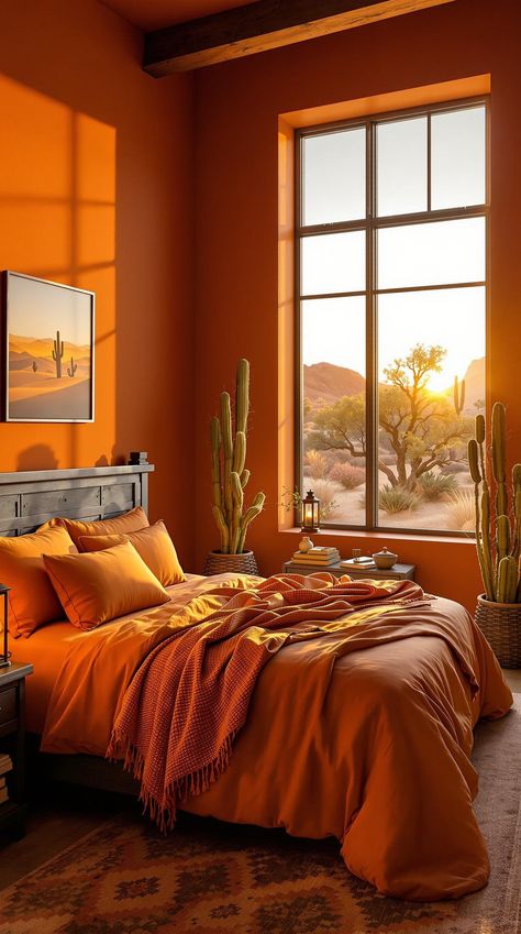 Rustic Bedroom Light Orange Bedroom, Rustic Orange Bedroom, Southwest Homes Interior, Tuscany Bedroom, Travel Interior Design, Sunset Bedroom, Amber Lighting, Rustic Bedrooms, 70s Bedroom