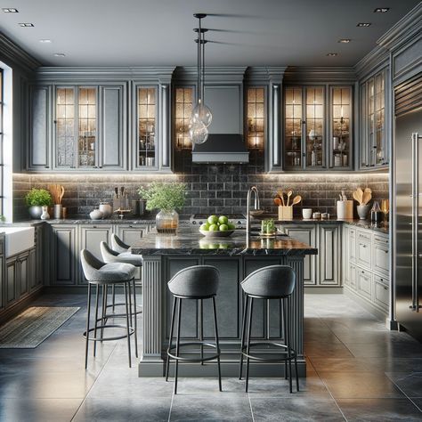 smoky gray kitchen cabinets with gray floors Kitchen Cabinets With Gray Floors, Cabinets With Gray Floors, Warm Grey Kitchen, Gray Floors, Teal Cabinets, Dark Grey Kitchen Cabinets, Gray Kitchen Cabinets, Pink Cabinets, Cream Cabinets