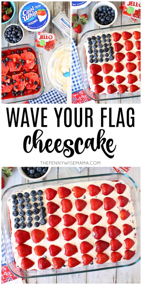 Wave Your Flag Cheesecake - perfect for the Fourth of July or any time you want to serve an all-American dessert that is red, white and cool! Flag Cheesecake, Patriotic Cheesecake, Cherry Pineapple Dump Cake Recipes, American Flag Dessert, Flag Cake Recipe, Flag Desserts, American Flag Cake, 4th Of July Treats, American Dessert