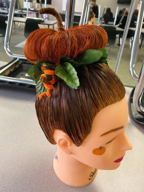 Crazy Halloween Hairstyles, Halloween Hair Updos, Creative Halloween Hairstyles, Halloween Updos, Crazy Hair Day For Adults, Hair Competition Ideas, Curly Hairstyles Halloween, Crazy Halloween Hair, Pumpkin Hairstyle