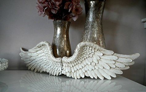 Shabby Chic Angel Wings, Silver Framed Mirror, Large Angel Wings, Angel Wings Wall Art, Charleston Gardens, Decorative Wall Sculpture, Angel Wings Wall Decor, Angel Wing Ornaments, Angel Wings Wall