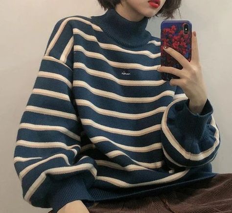 Harajuku Winter, Kawaii Sweater, Aesthetic Sweaters, Nerdy Outfits, Y2k Aesthetic Outfits, Woman's Fashion, Chic Sweaters, Ulzzang Fashion, Blue Outfit