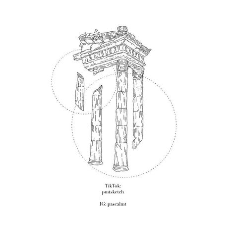 Corinthian Column Tattoo, Geek Mythology Tattoo, Greek Building Tattoo, Greek Architecture Tattoo, Theatre Tattoo Ideas, Greek Art Tattoo Minimalist, Greece Tattoo Mythology, Ancient Rome Tattoo, Olympus Tattoo