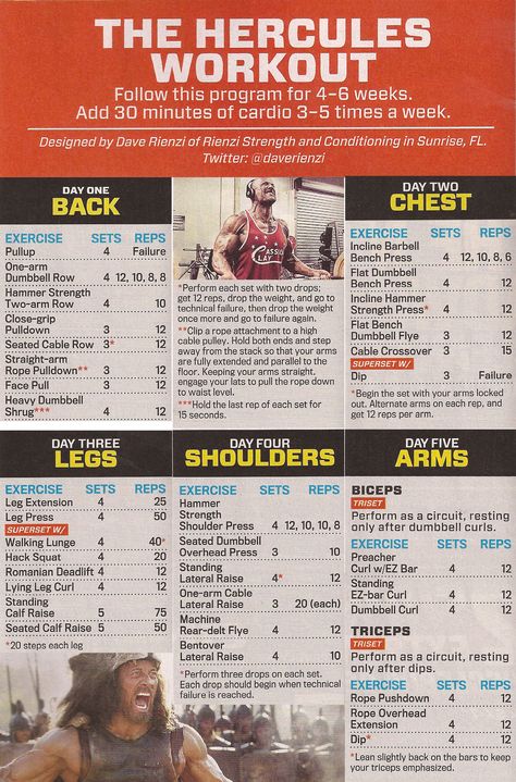 The Hercules Workout (from M&F, Sept. 2014) Hercules Workout, Dwayne Johnson Workout, The Rock Workout, Fitness Studio Training, Bolesti Chrbta, Trening Sztuk Walki, Model Citizen, Weekly Workout Plans, Fitness Routines