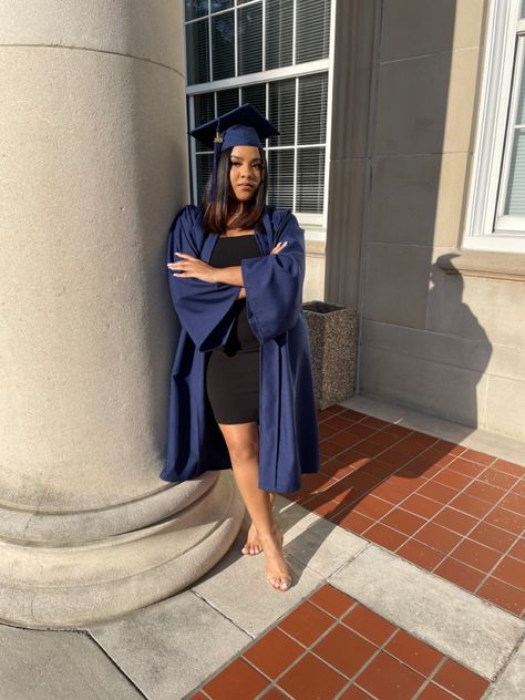 Graduation Dress With Black Cap And Gown, Navy Blue Cap And Gown Graduation Outfit, Black Graduation Gown Outfit, Blue Graduation Gown Outfits, Blue Cap And Gown Graduation Outfit, Graduation Gown Outfit, Black Women Graduate, Cap And Gown Outfit, Blue Cap And Gown