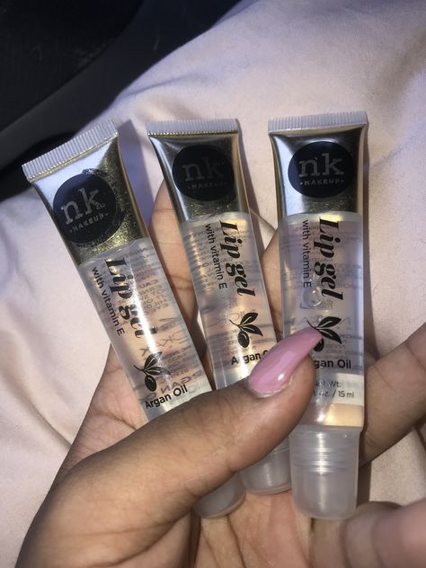 Nk Lip Gloss Aesthetic, Baddie Lipgloss, Nk Lipgloss, Nk Lip Gloss, Lip Gloss Aesthetic, Gloss Aesthetic, Soft Natural Makeup, Pink Tip Nails, Makeup Collection Goals