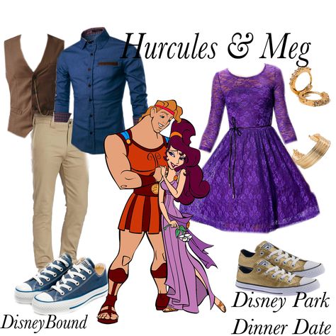 Hercules and meg Disney bound disney date night Couple Dapper Day Outfits, Disney Inspired Couple Outfits, Hercules And Meg Disneybound, Disney Bounding Outfits Couples, Disney Homecoming Theme Outfits, Disneybound Outfits Couples, Disney Bound Couples Outfits, Hercules Disney Bound, Disney Bound Couples