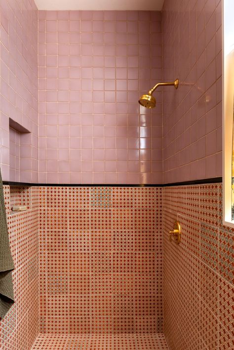 shower tile ideas Heidi Caillier, College Bathroom, Tile Accent Wall, Tiled Bathroom, Pink Bathroom, Island Home, The Shower, House Inspo, Shower Head